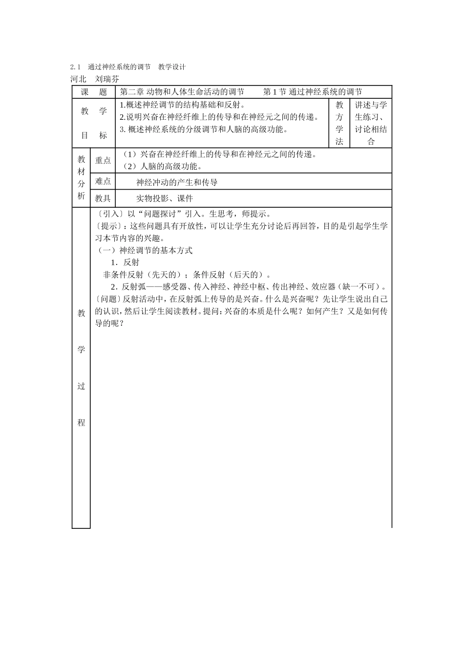 通过神经系统的调节教学设计_第1页