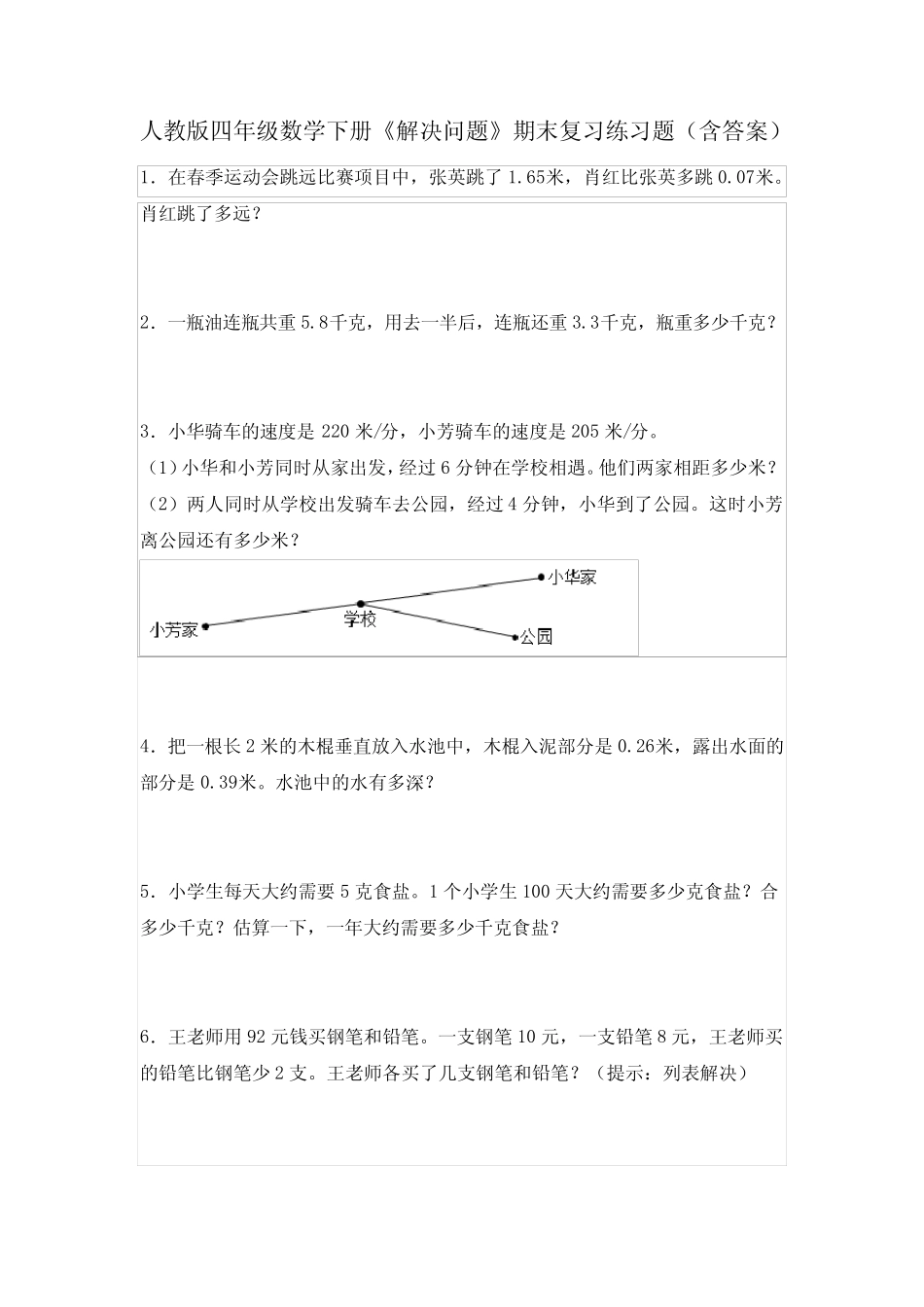 人教版四年级数学下册《解决问题》期末复习练习题(含答案) _第1页