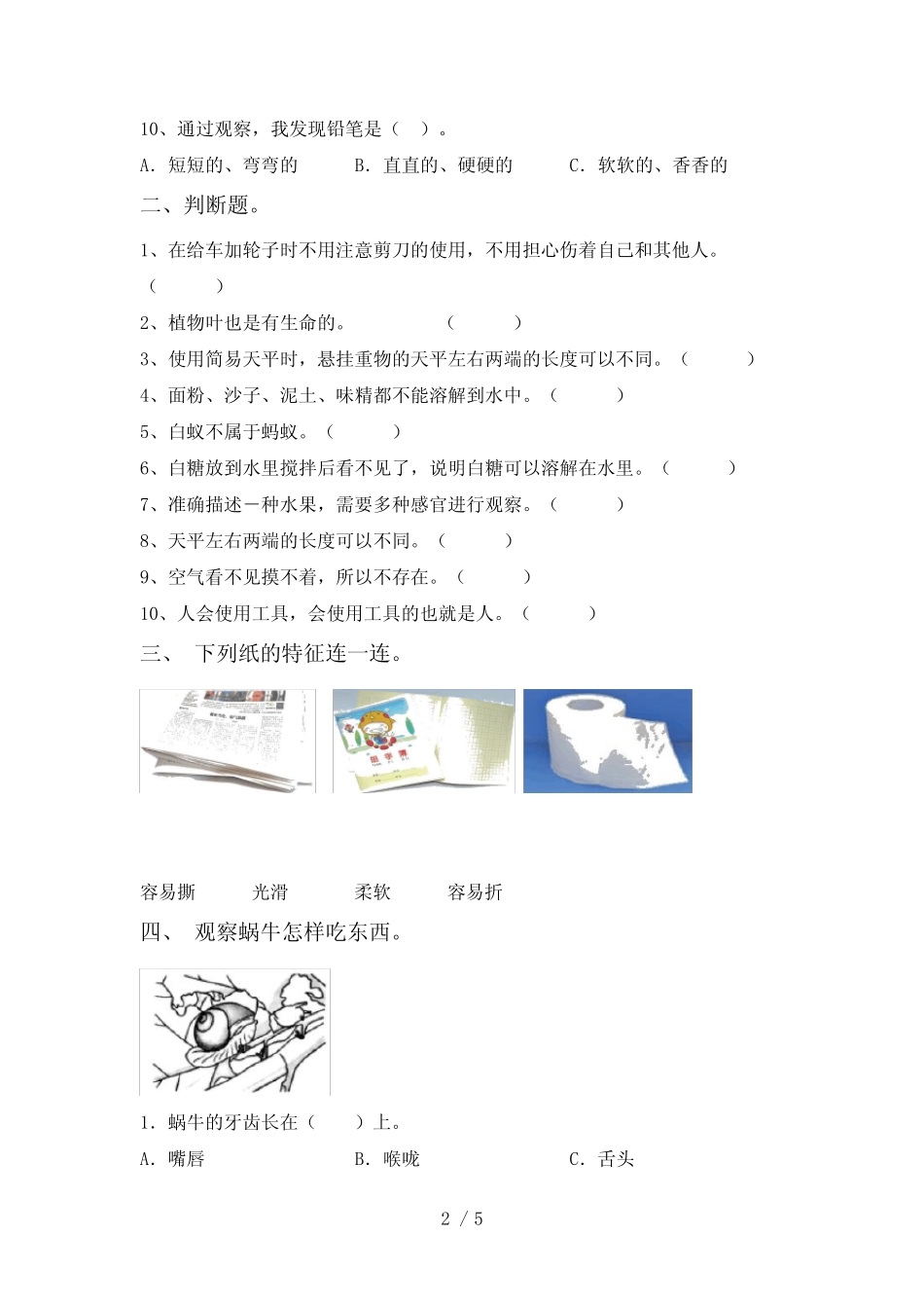 大象版一年级科学(下册)期中水平测试卷及答案 _第2页