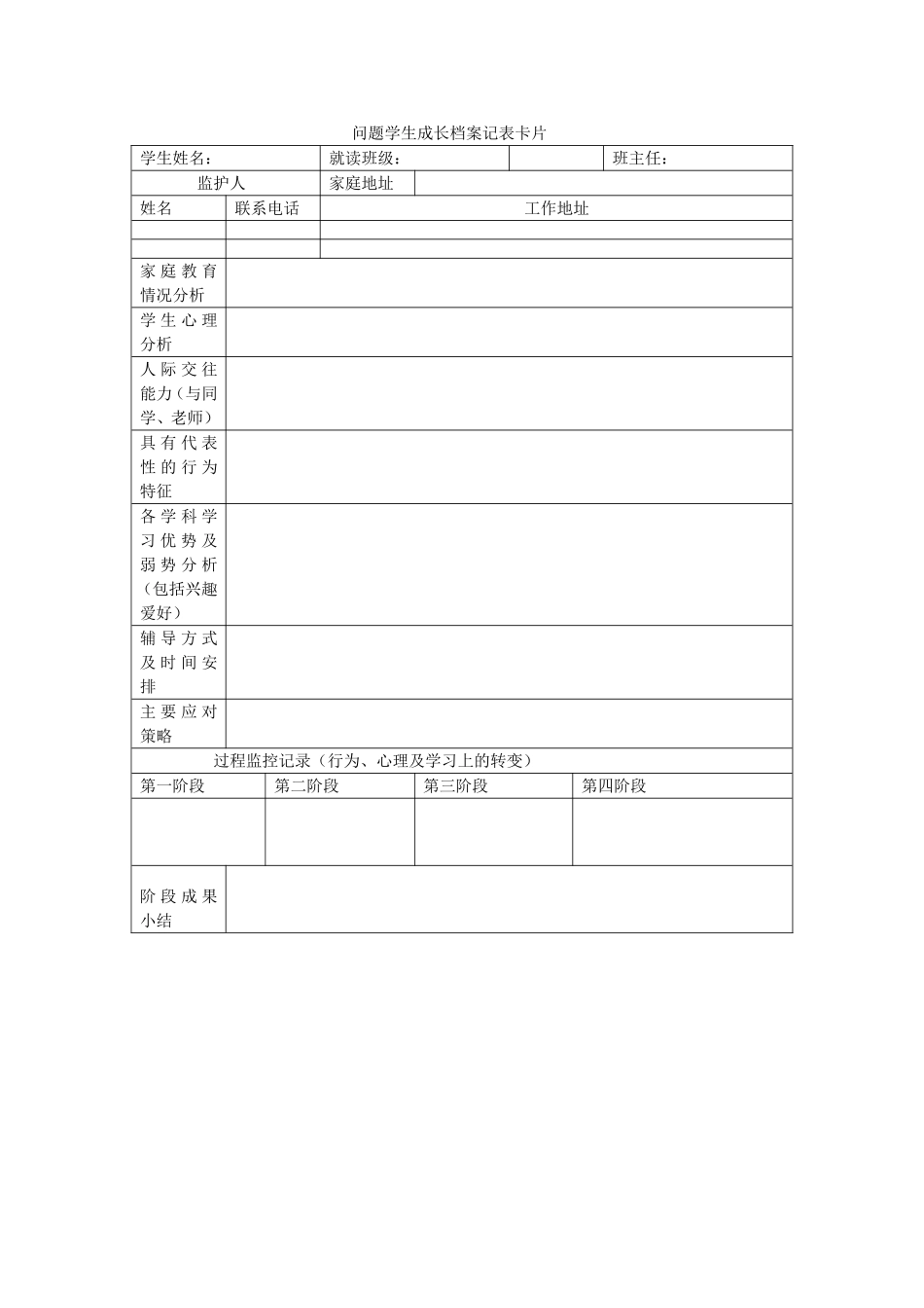 问题学生成长档案记录卡片_第1页