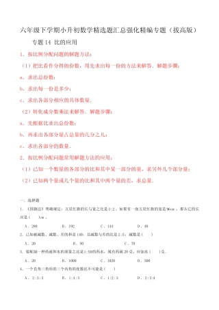 拔高版专题14 比的应用 六年级数学下册小升初数学精选题汇总(知识回 