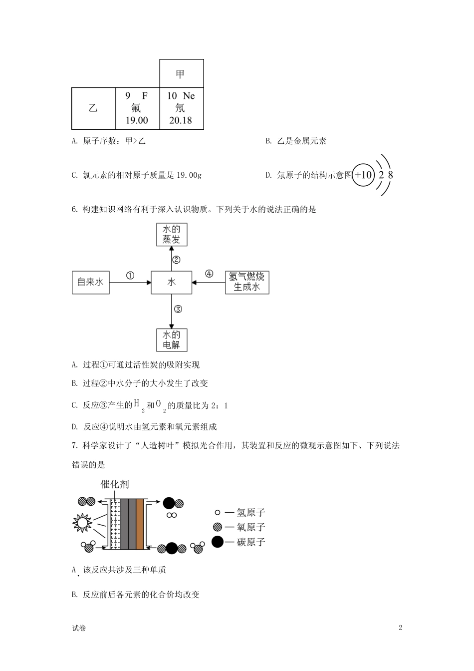 2023深圳市南山外国语学校中考初三一模化学试题及答案 _第2页