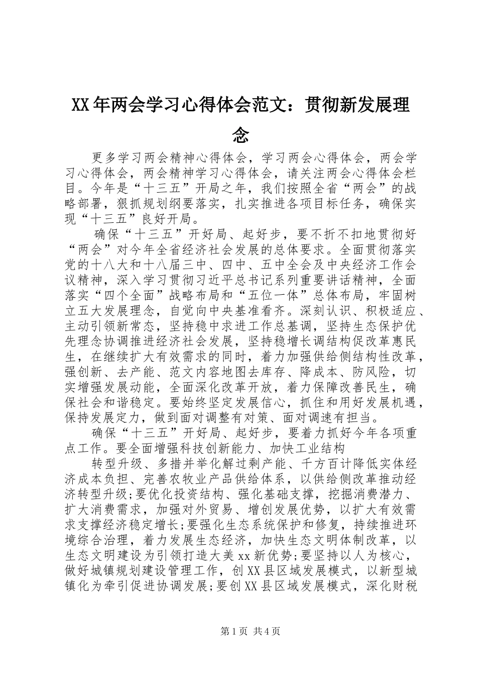 XX年两会学习心得体会范文：贯彻新发展理念_第1页