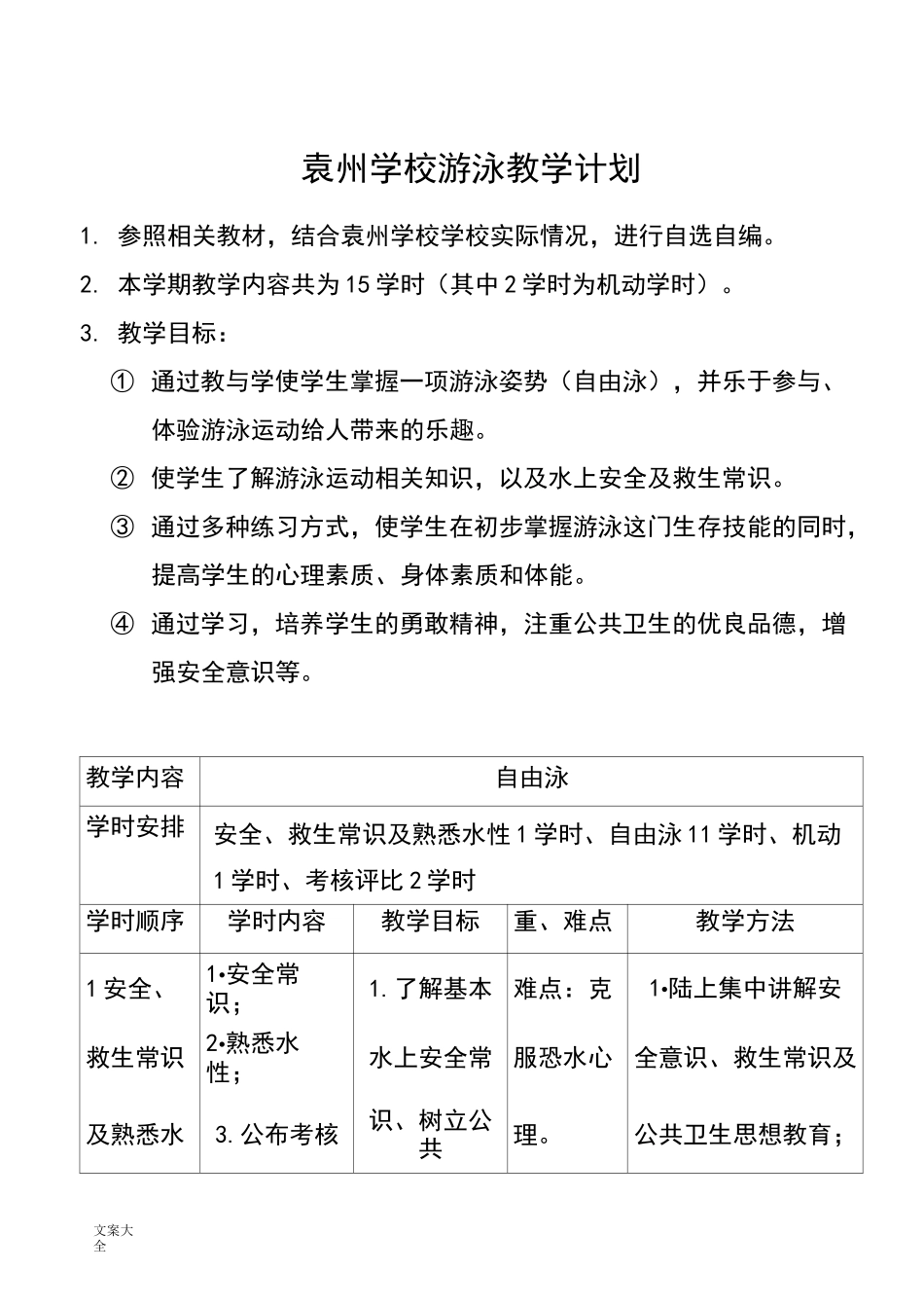 自由泳游泳教学计划清单_第1页