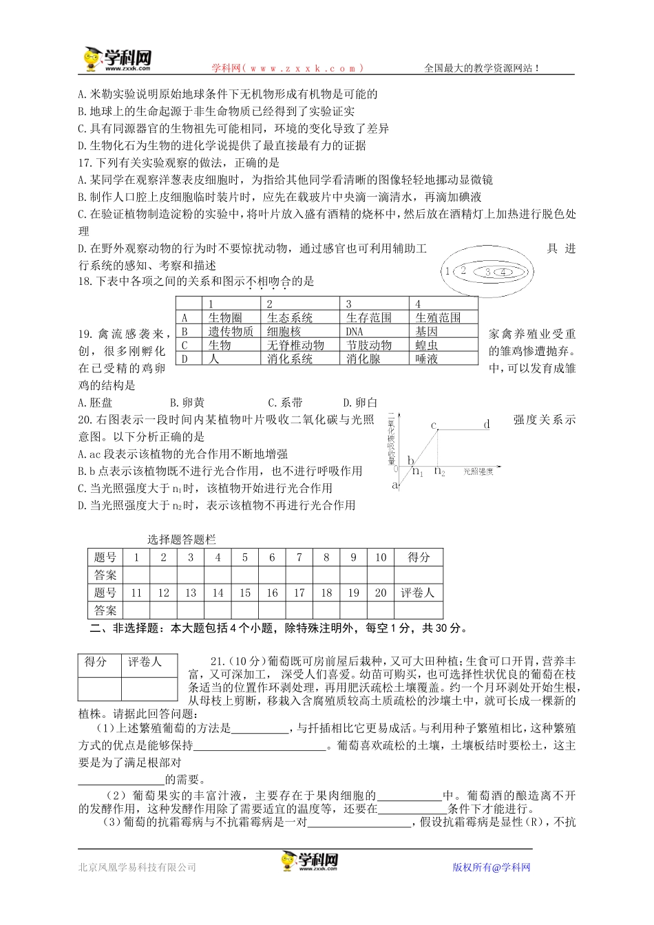 山东省菏泽市2013年中考生物试题（WORD版，有答案）_第3页