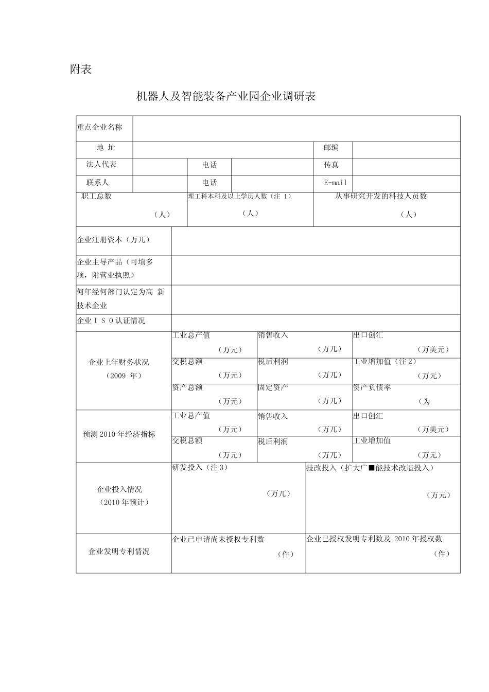 机器人及智能装备产业园企业调研表概要_第1页