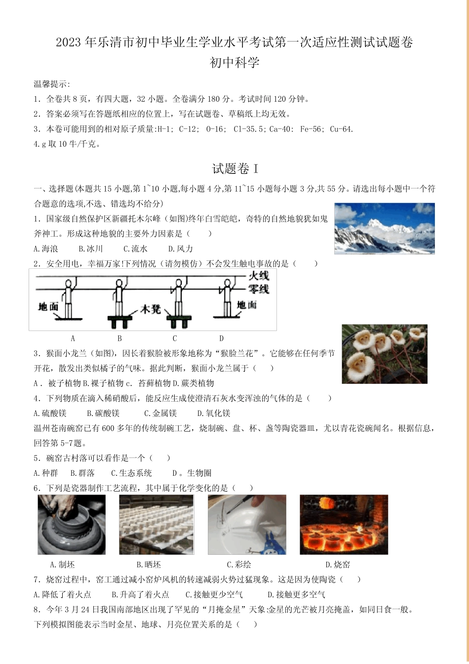 2023年浙江省温州市乐清市初中学业水平考试第一次适应性测试科学试卷_第1页