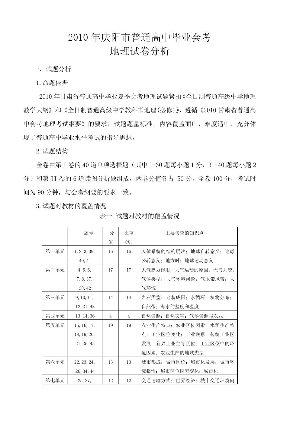 2010年庆阳市普通高中毕业会考地理试卷分析 _第1页