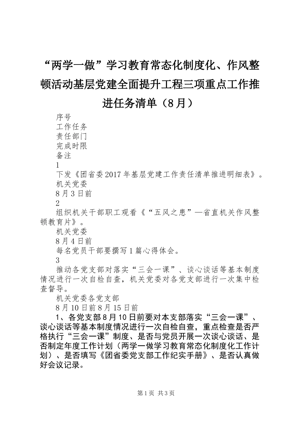 “两学一做”学习教育常态化制度化、作风整顿活动基层党建全面提升工程三项重点工作推进任务清单（8月）_第1页