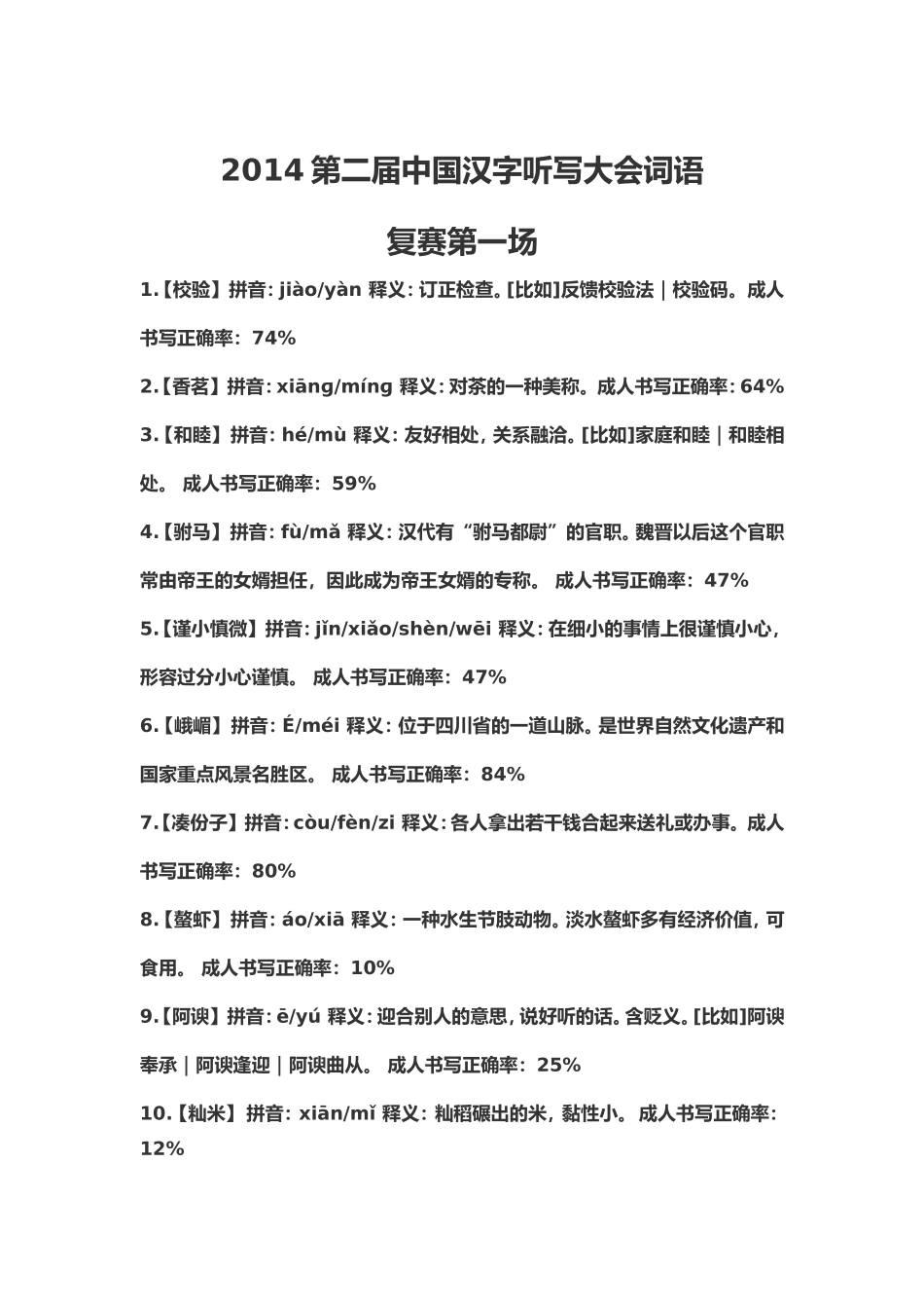 2014第二届中国汉字听写大会全部词语(1——12场)_第1页