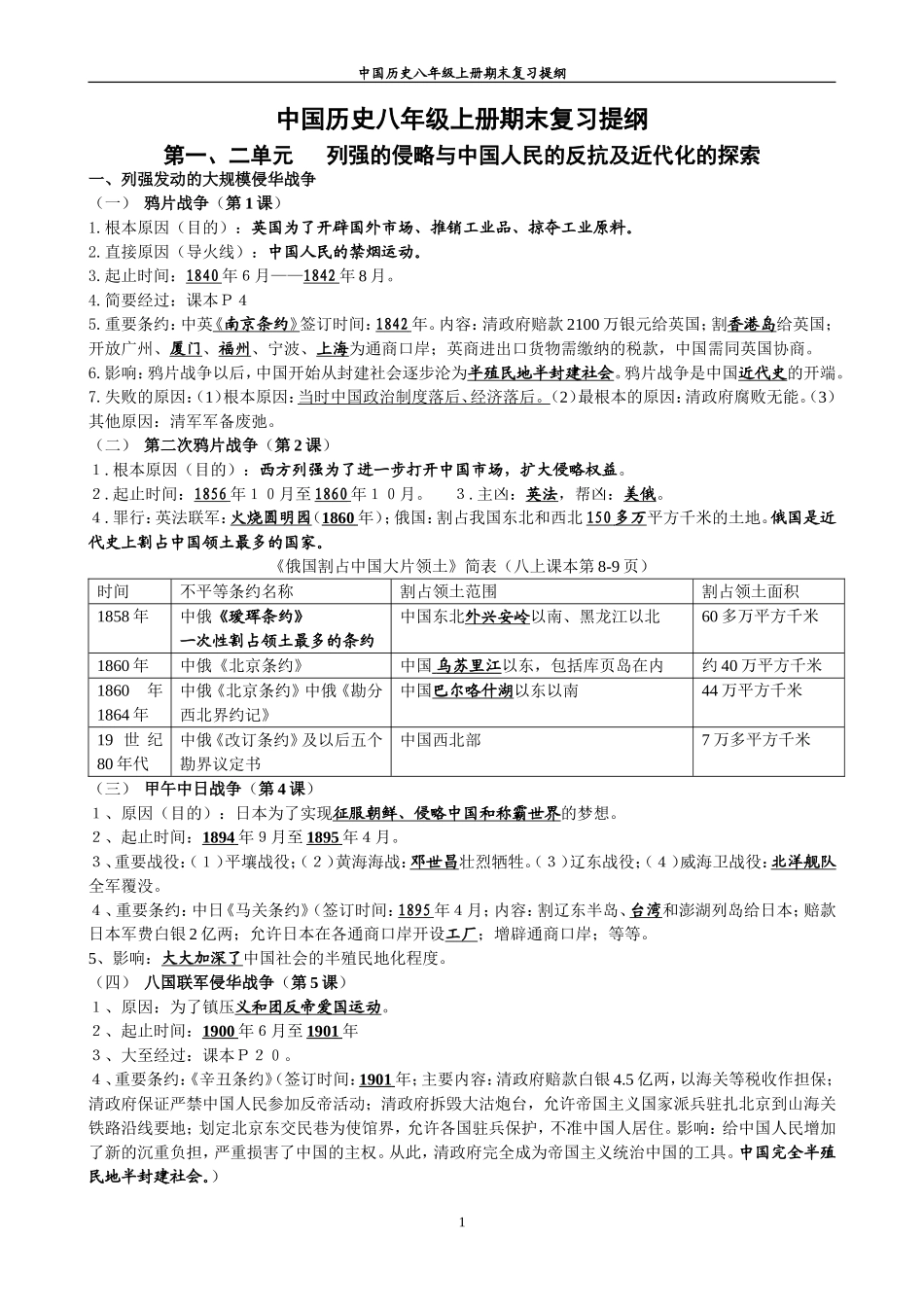 中国历史八年级上册期末复习提纲_第1页