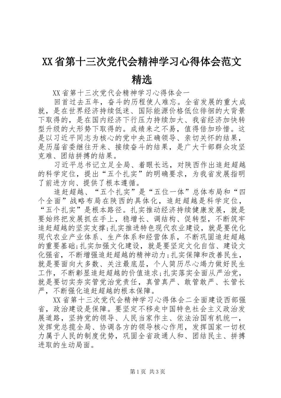 XX省第十三次党代会精神学习心得体会范文精选_第1页