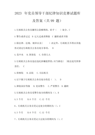 2023年党员领导干部纪律知识竞赛试题库及答案(共99题) 