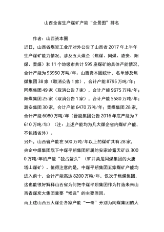 (完整版)山西全省生产煤矿产能“全景图”排名