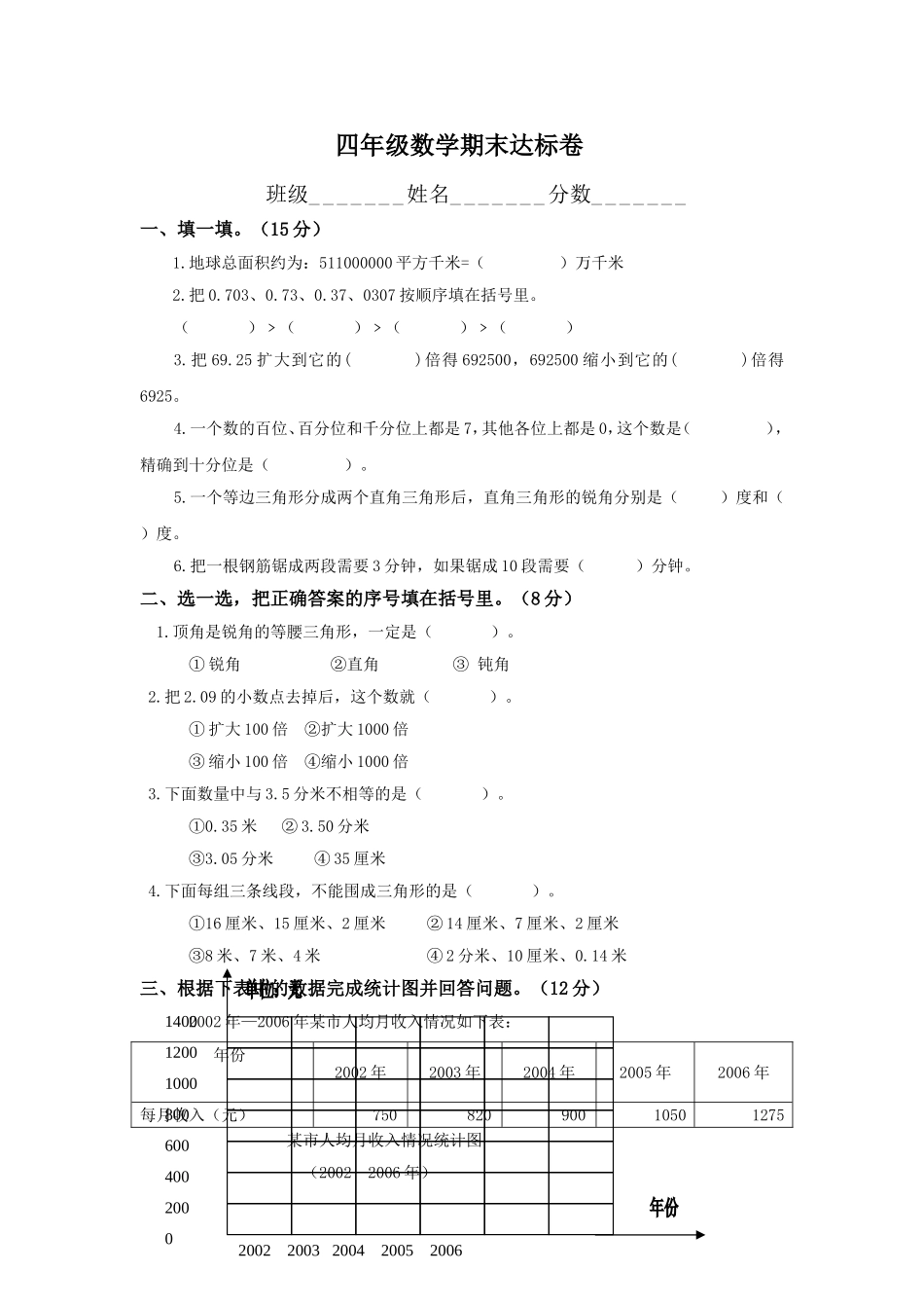 四年级数学期末达标卷陕西省子长县东风小学张磊_第1页