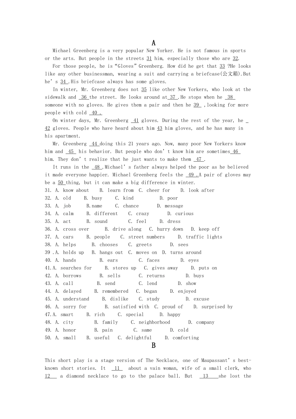 阅读完型专项训练_第1页