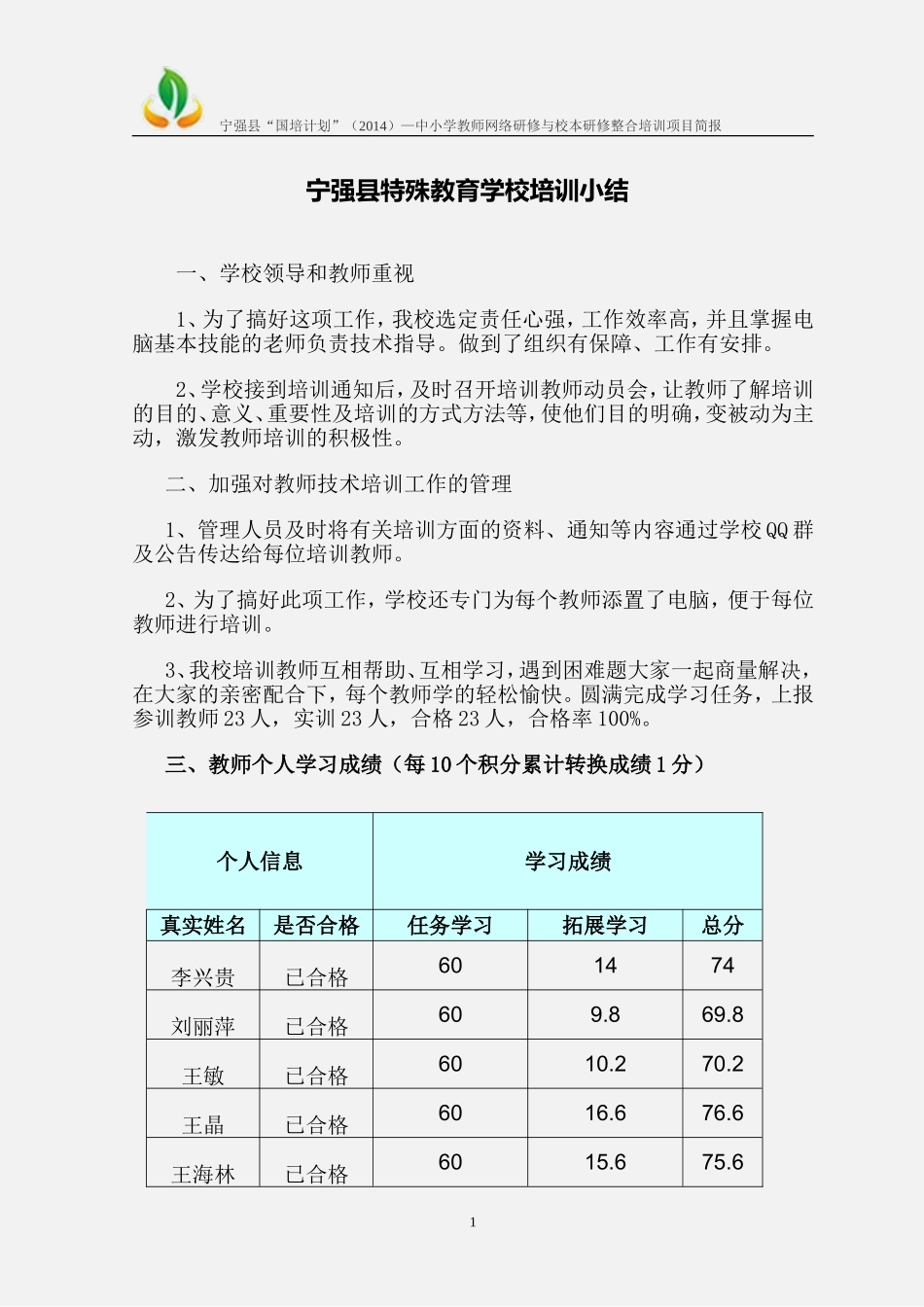宁强县特殊教育学校培训小结_第1页