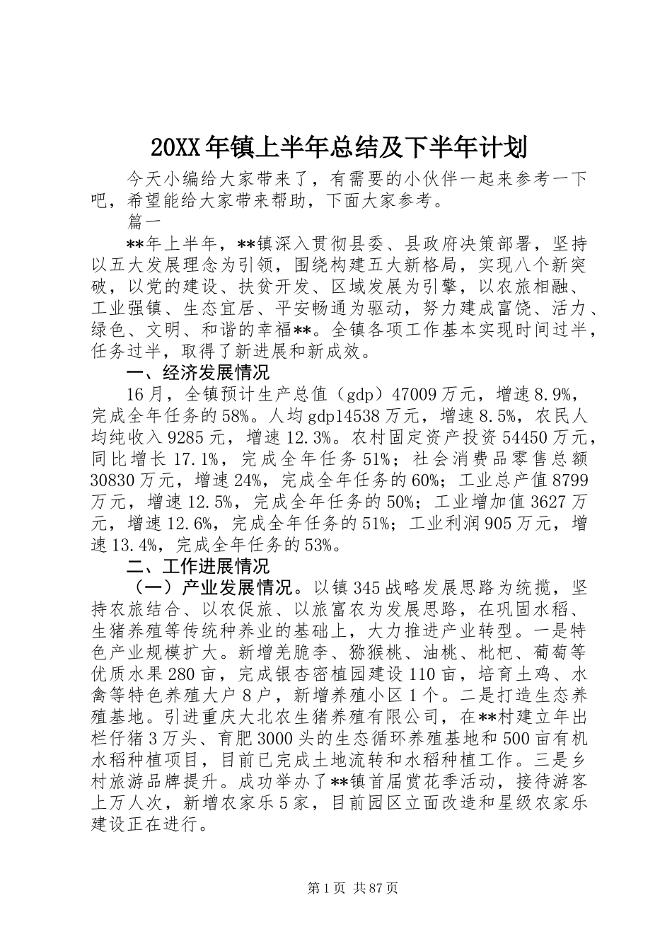 20XX年镇上半年总结及下半年计划_第1页