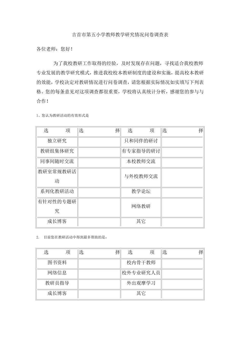 吉首市第五小学教师教学研究情况问卷调查表_第1页