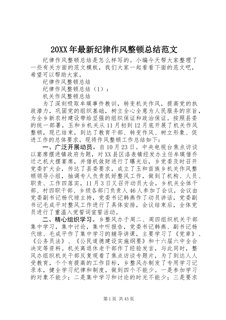 20XX年最新纪律作风整顿总结范文_第1页