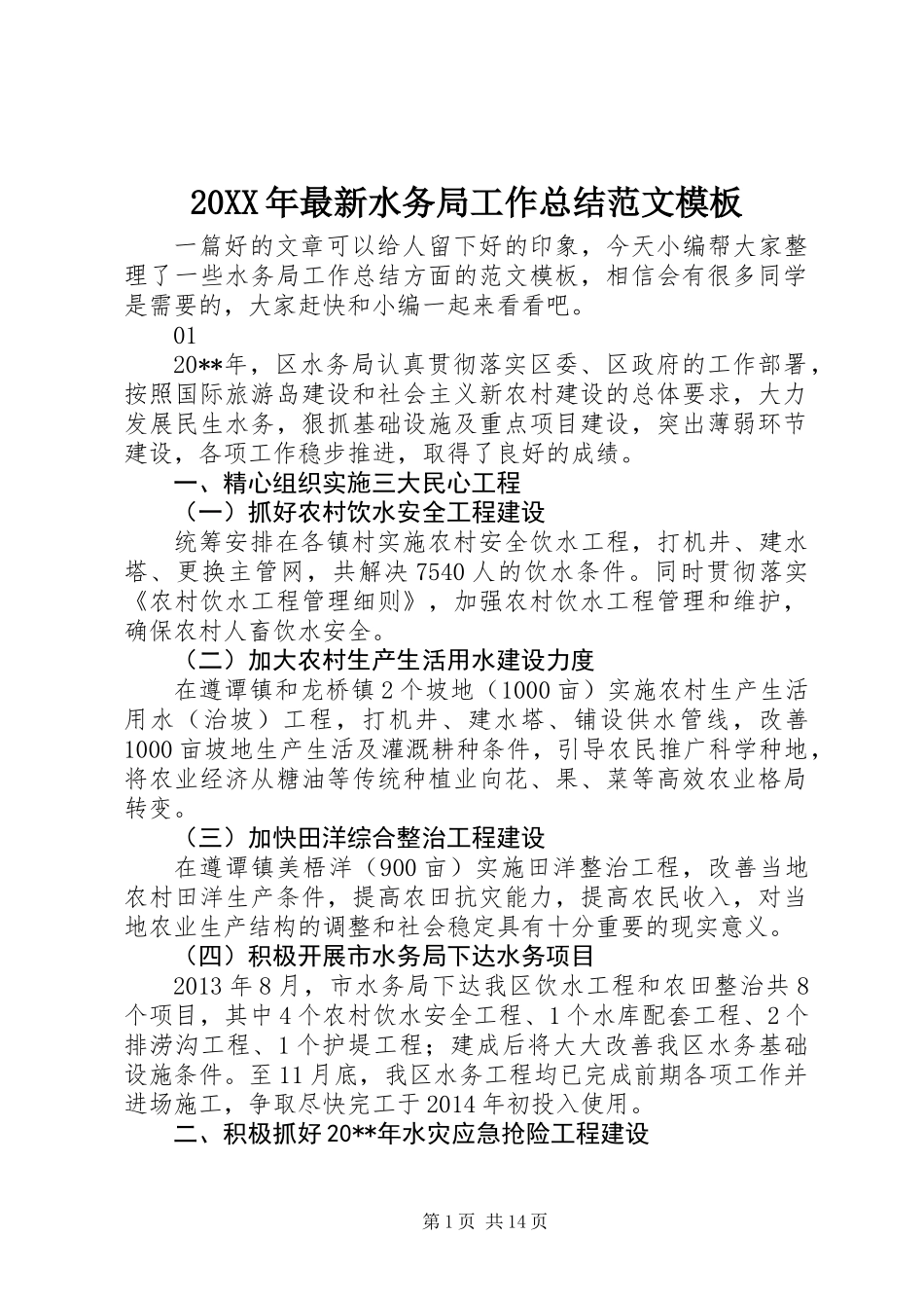 20XX年最新水务局工作总结范文模板_第1页