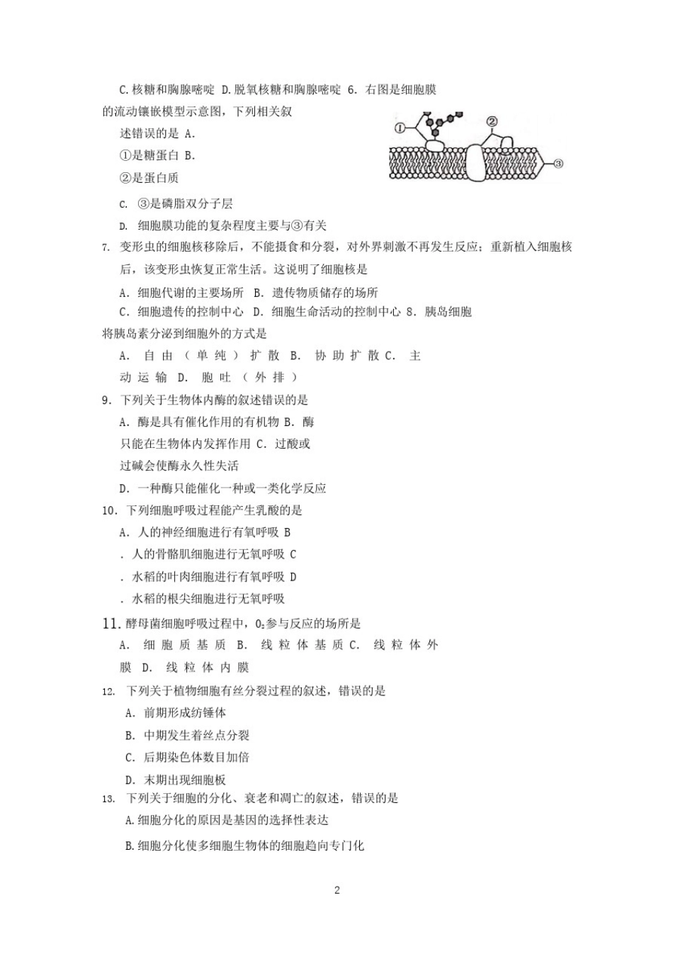 山东省夏季普通高中学业水平合格考试(会考)生物试题及参考答案(2020年_第2页