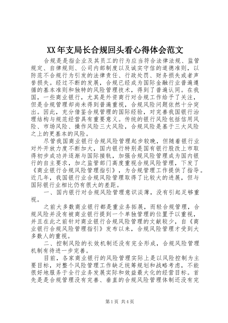 XX年支局长合规回头看心得体会范文_第1页