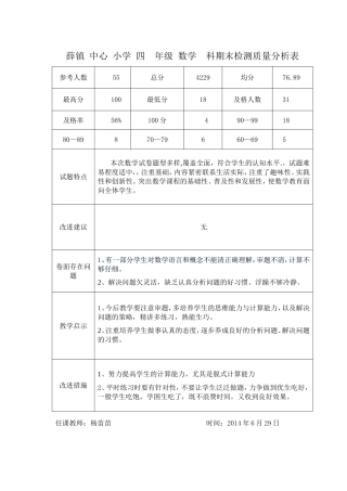 四年级一班数学期末检测质量分析表