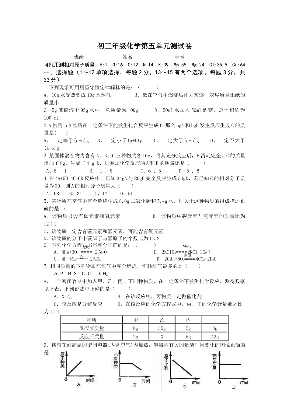 初三年级化学第五单元测试卷_第1页