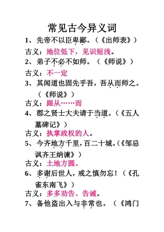 常见古今异义词表