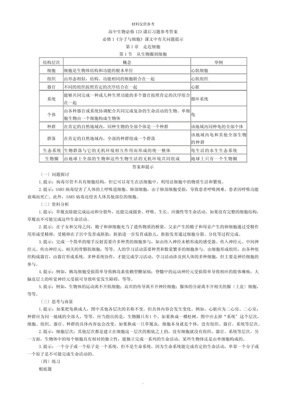 人教版新课标高中生物必修课课后习题参考答案 _第1页