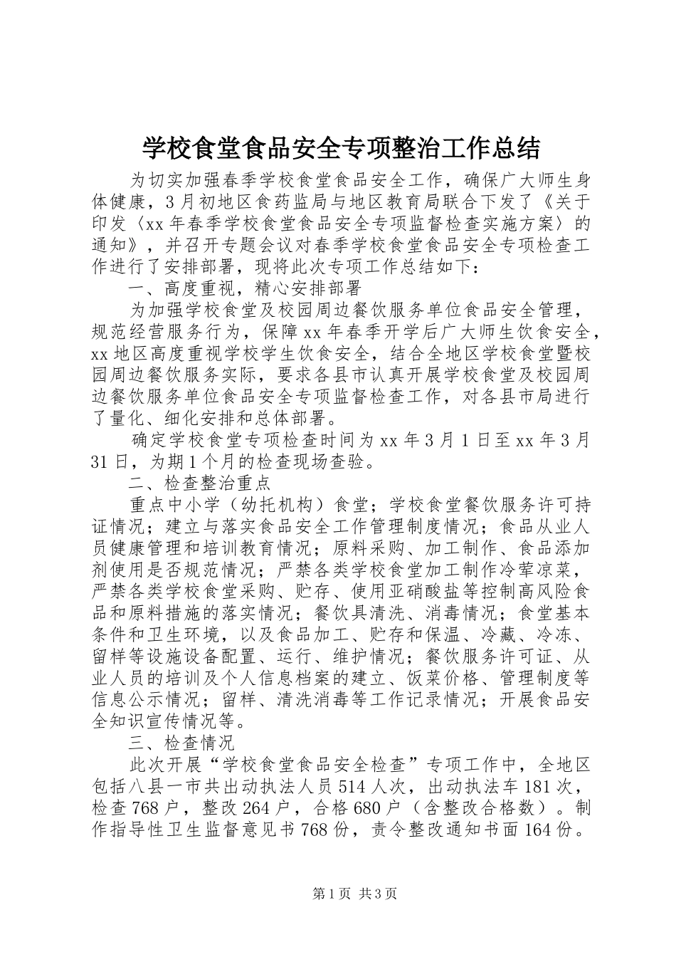 学校食堂食品安全专项整治工作总结_第1页