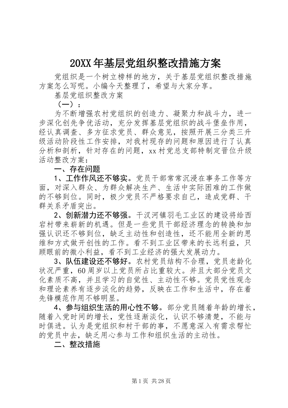 20XX年基层党组织整改措施方案_第1页