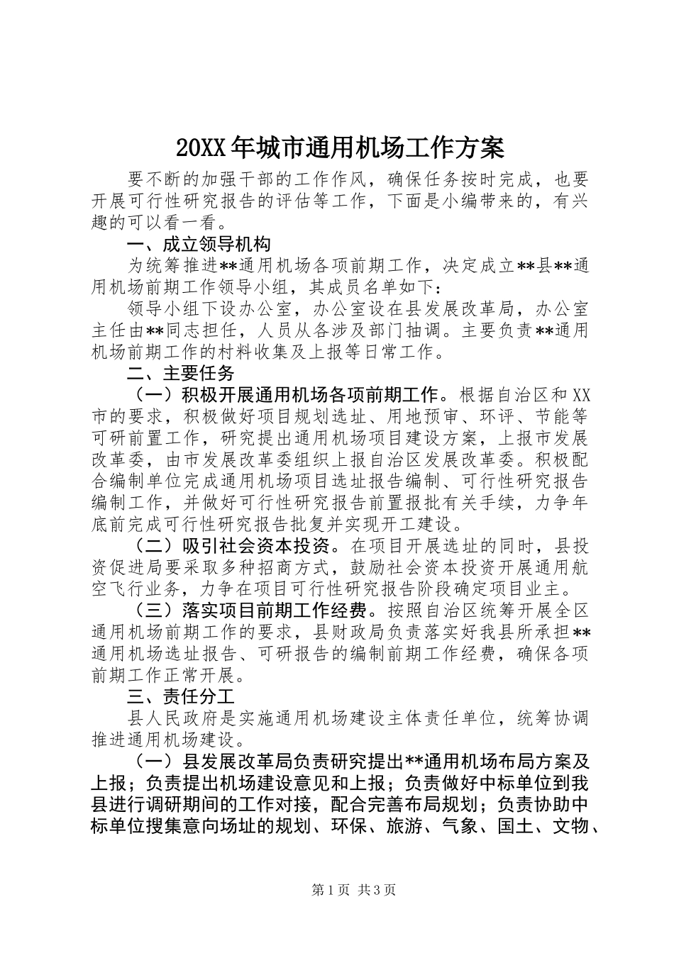 20XX年城市通用机场工作方案_第1页