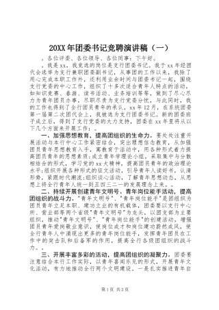 20XX年团委书记竞聘演讲稿（一）