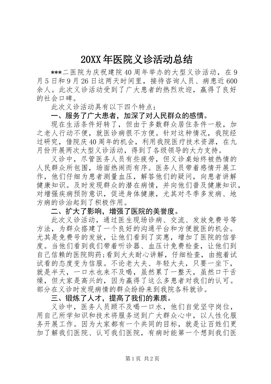 20XX年医院义诊活动总结_第1页