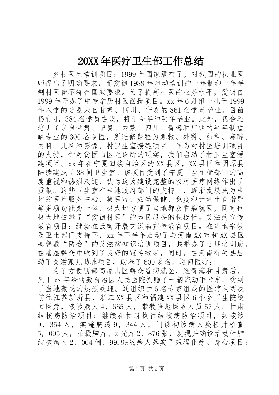 20XX年医疗卫生部工作总结_第1页
