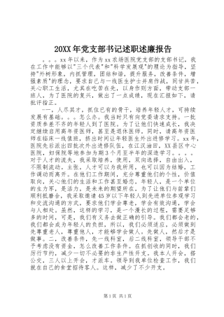 20XX年党支部书记述职述廉报告