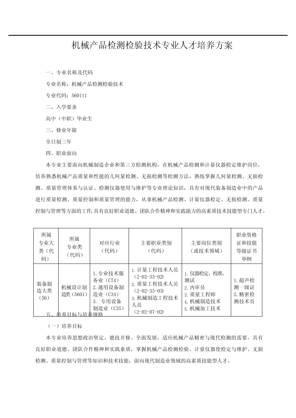 机械产品检测检验技术专业人才培养方案(高职)(高职) _第1页