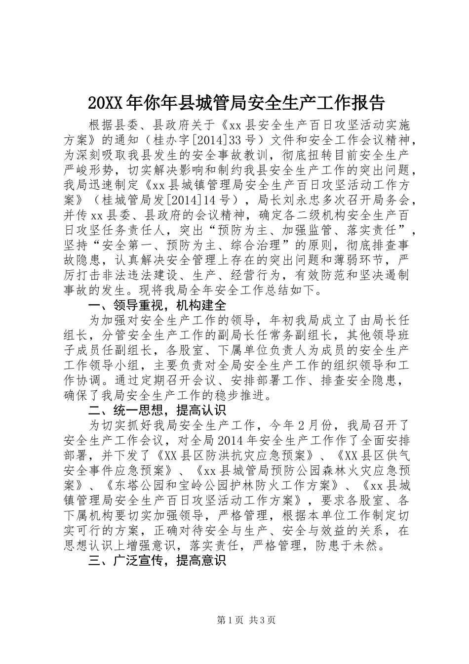 20XX年你年县城管局安全生产工作报告_第1页