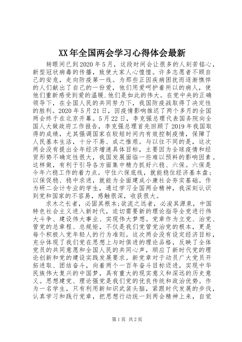 XX年全国两会学习心得体会最新_第1页