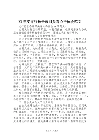 XX年支行行长合规回头看心得体会范文