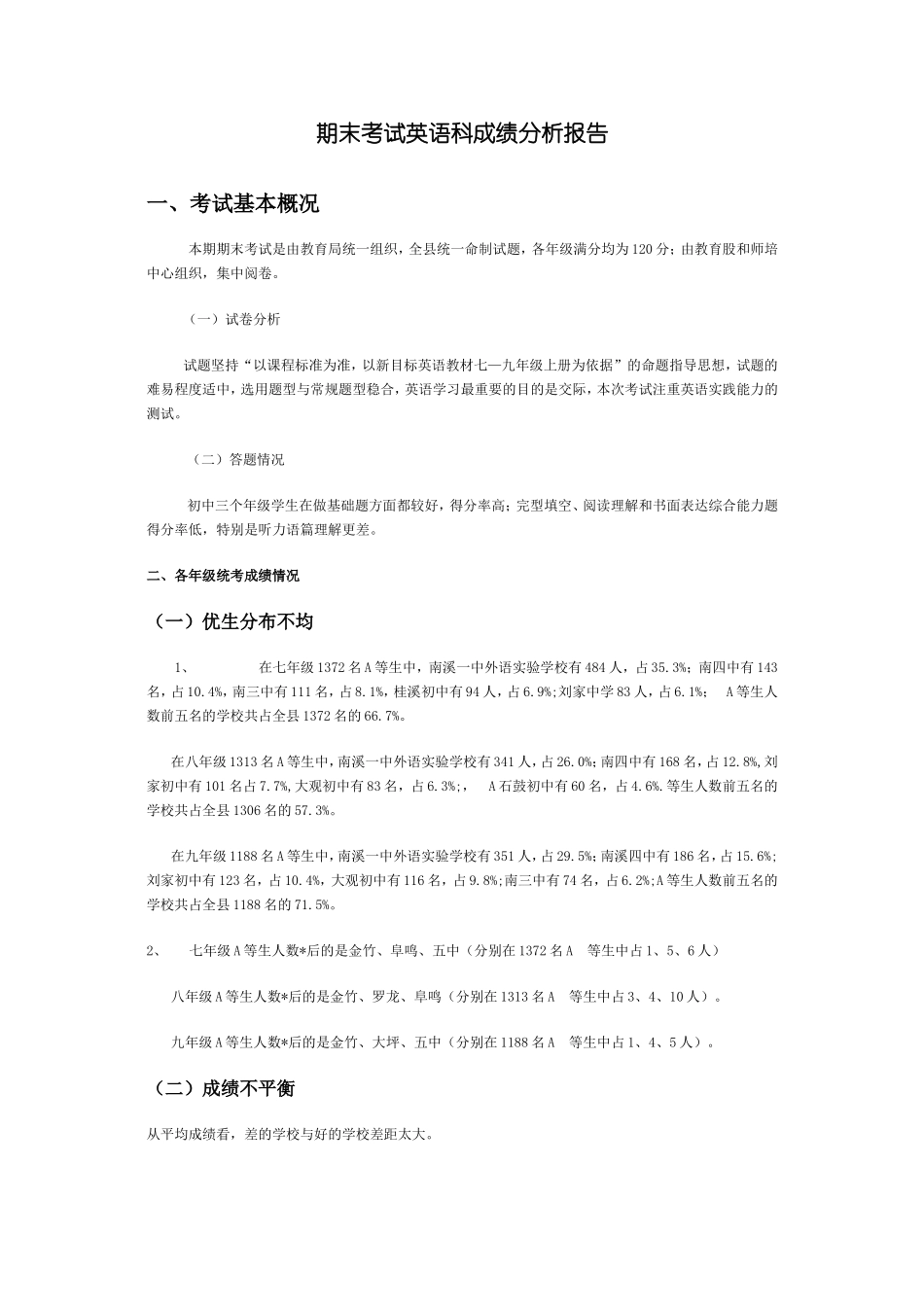 期末考试英语科成绩分析报告_第1页