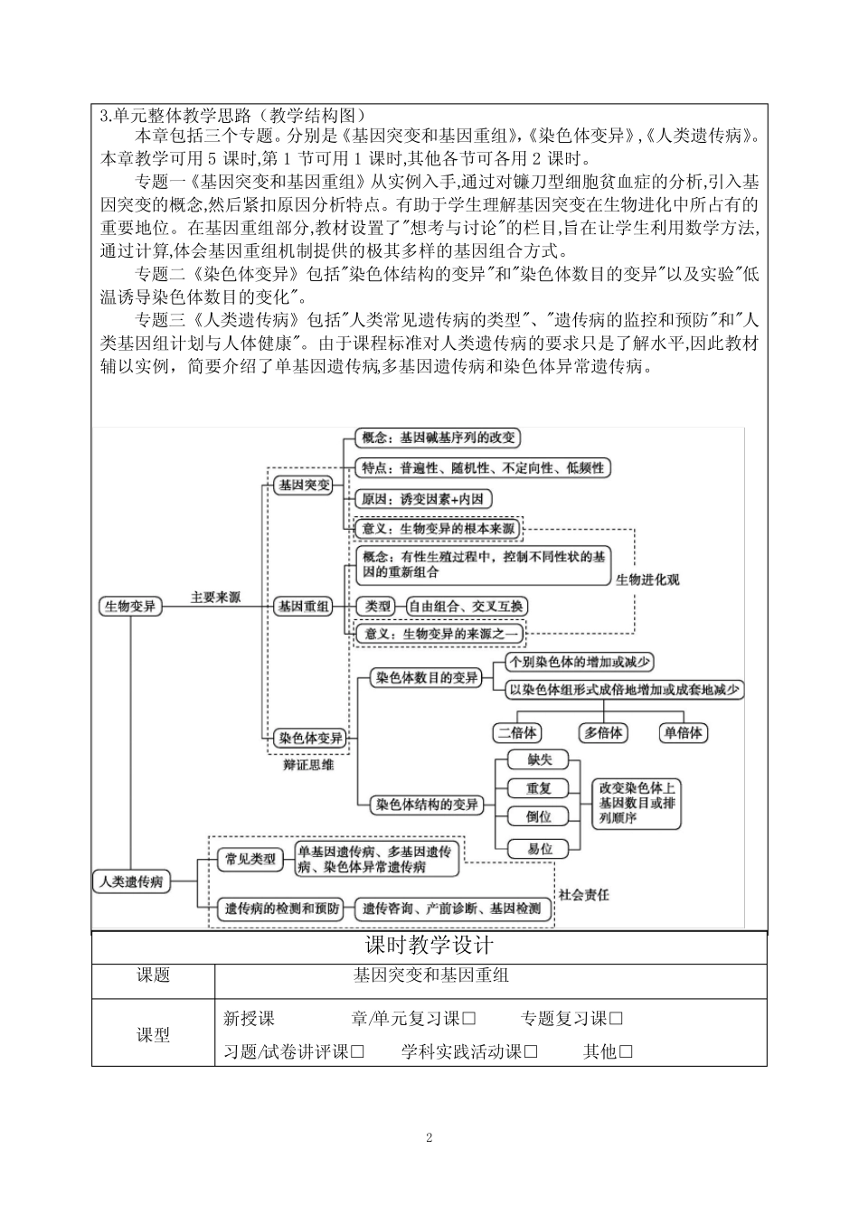 基因突变及其他变异单元教学设计-高一下学期生物人教版必修2 _第2页