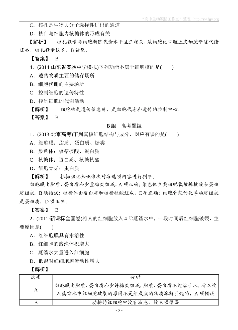 2015高考生物大一轮复习配套精题细做：细胞膜和细胞核（双基题组+高考题组，含解析）_第2页