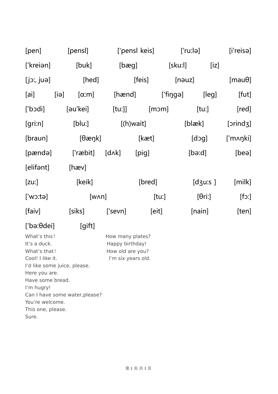 人教版pep小学英语三年级上册单词表(带有音标)_第1页