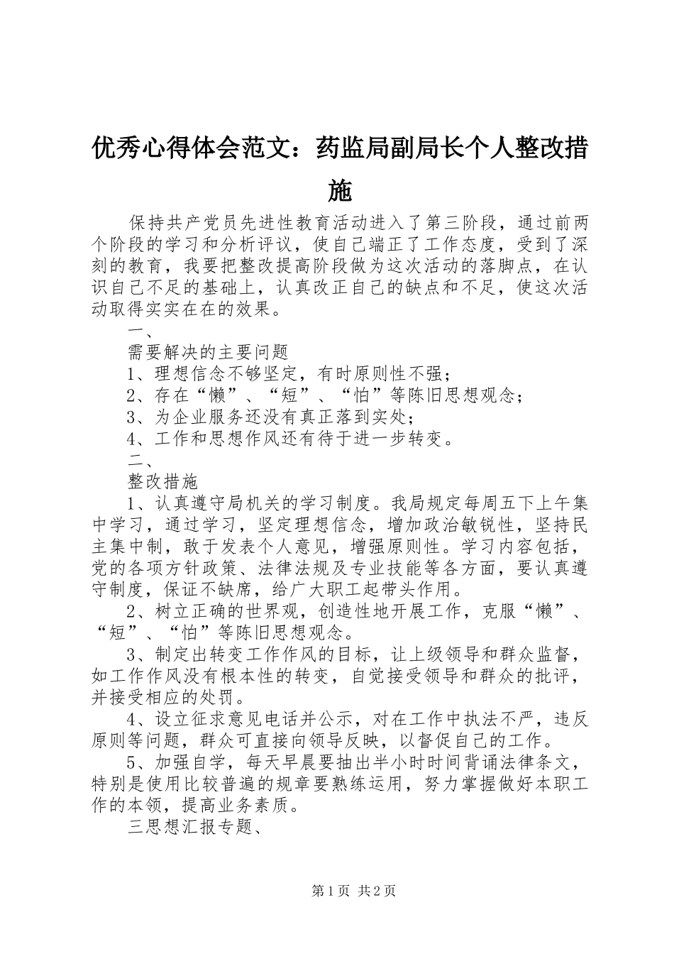 优秀心得体会范文：药监局副局长个人整改措施_第1页
