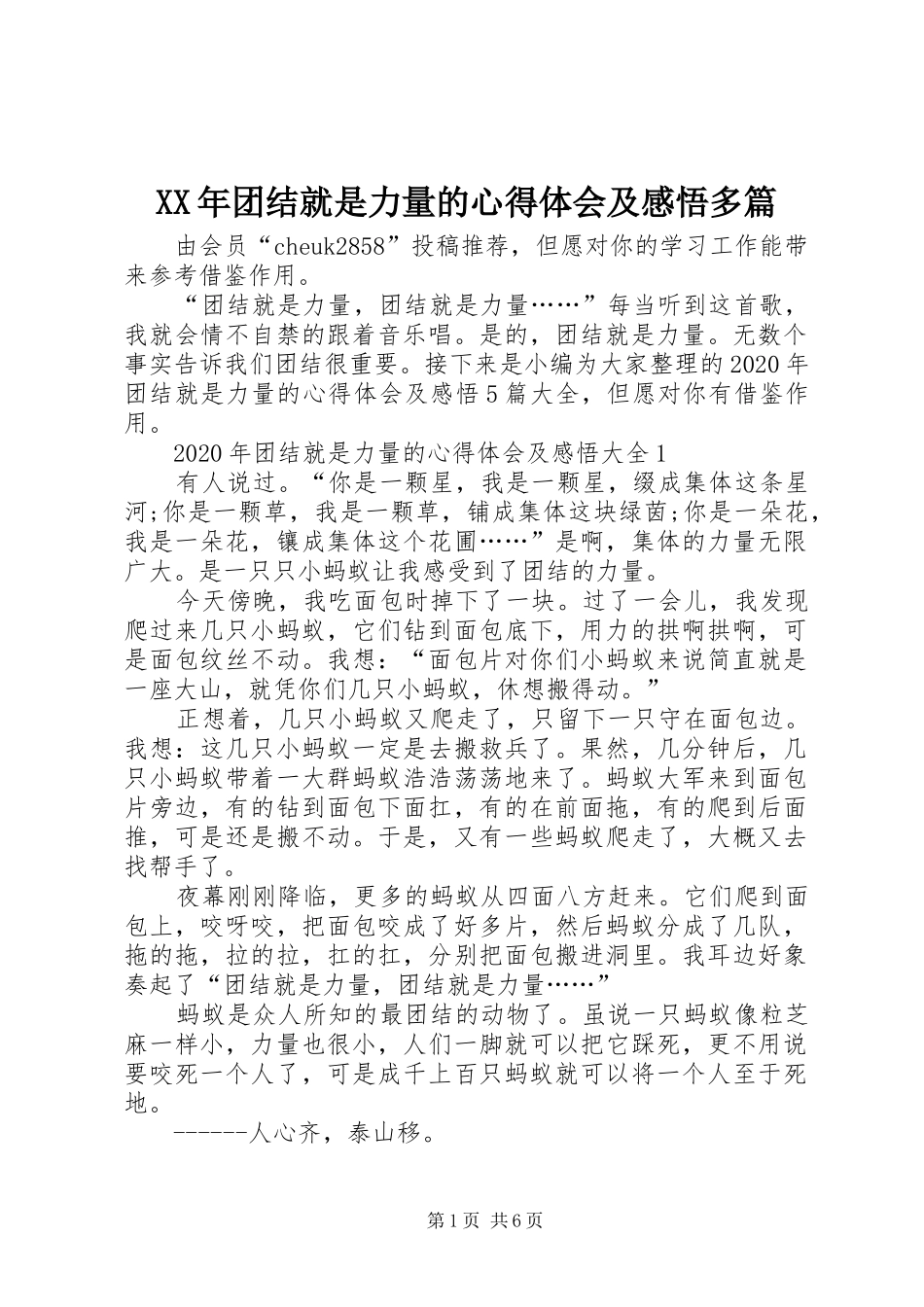 XX年团结就是力量的心得体会及感悟多篇_第1页