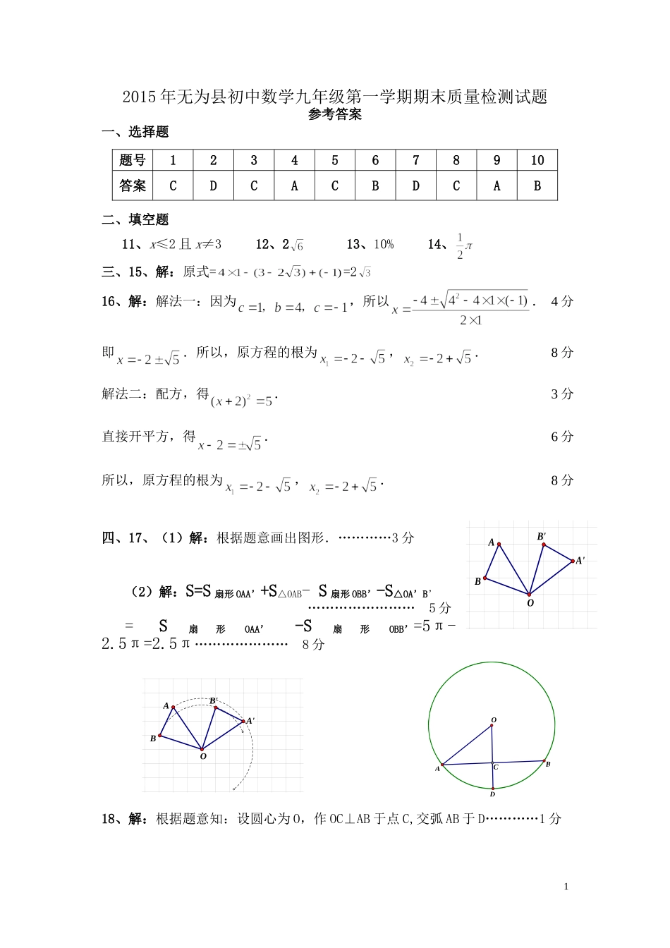 2015无为县初中数学九年级第一学期期末质量检测试题答案_第1页