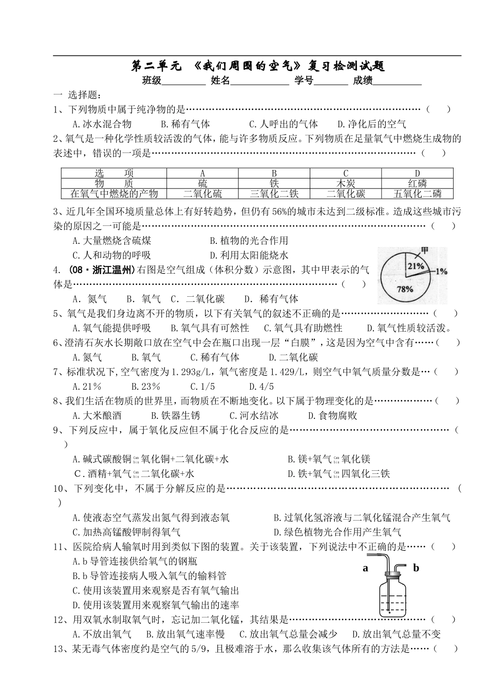 九年级上册第二单元《我们周围的空气》测试卷_第1页